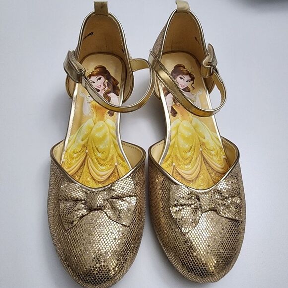 H&M Girls Disney Beauty Beast Belle Elegant Gold Glitter Heels Shoes Size 12 - Picture 2 of 14
